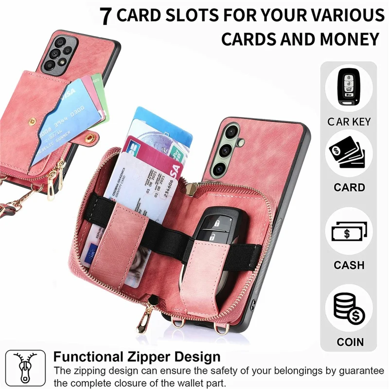 For Samsung Galaxy S24 FE Case Zipper Wallet Leather Phone Back Cover Kickstand with Shoulder Strap - Pink