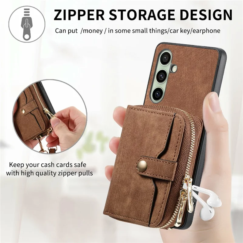 For Samsung Galaxy S24 FE Case Zipper Wallet Leather Phone Back Cover Kickstand with Shoulder Strap - Pink