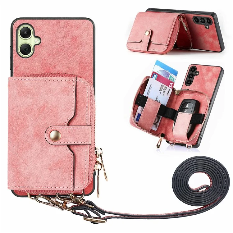 For Samsung Galaxy A06 4G Case Zipper Wallet Leather Phone Back Cover Kickstand with Shoulder Strap - Pink