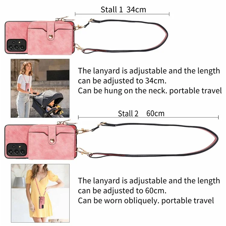 For Samsung Galaxy A06 4G Case Zipper Wallet Leather Phone Back Cover Kickstand with Shoulder Strap - Pink