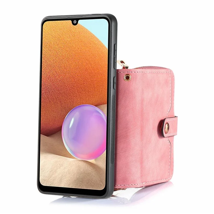 For Samsung Galaxy A06 4G Case Zipper Wallet Leather Phone Back Cover Kickstand with Shoulder Strap - Pink