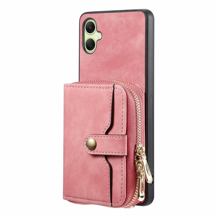 For Samsung Galaxy A06 4G Case Zipper Wallet Leather Phone Back Cover Kickstand with Shoulder Strap - Pink