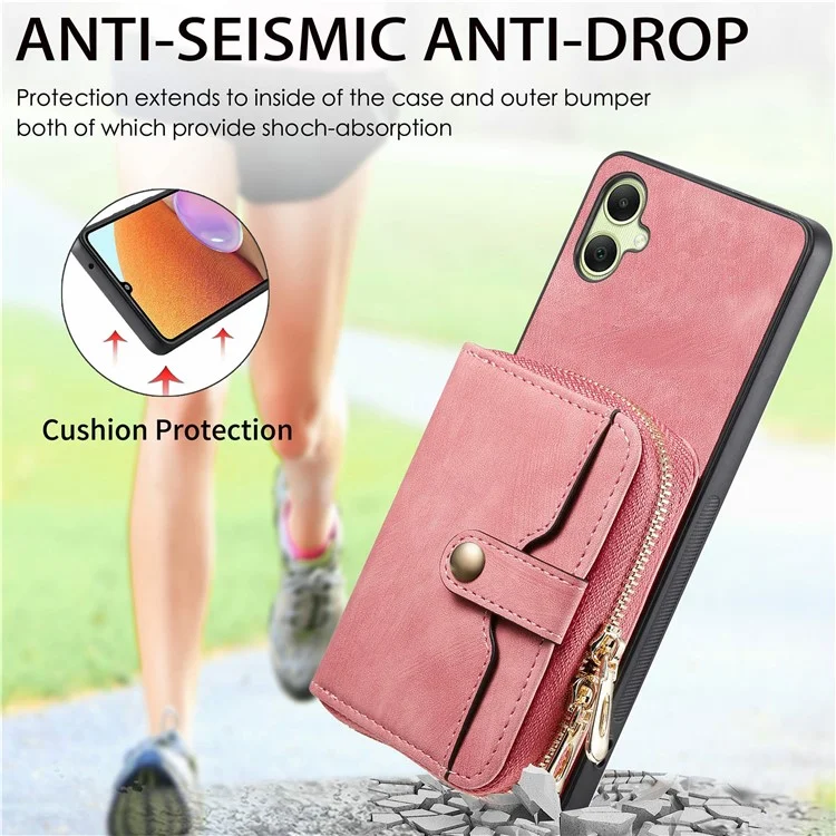 For Samsung Galaxy A06 4G Case Zipper Wallet Leather Phone Back Cover Kickstand with Shoulder Strap - Pink