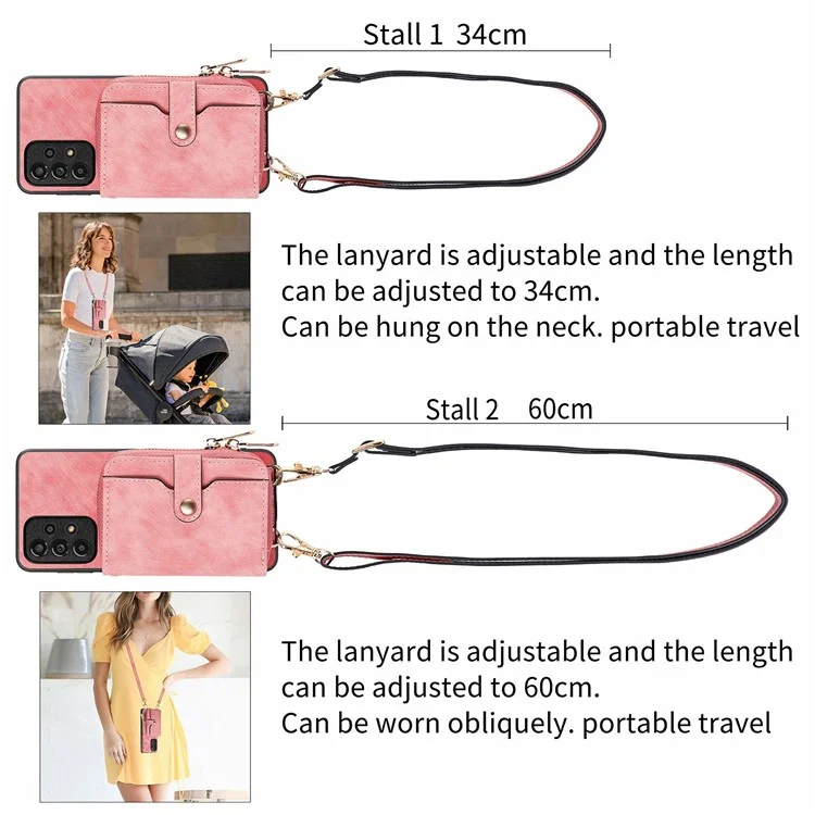 Étui portefeuille à fermeture éclair en cuir avec support et bandoulière pour Samsung Galaxy A16 5G / A16 4G - Rose
