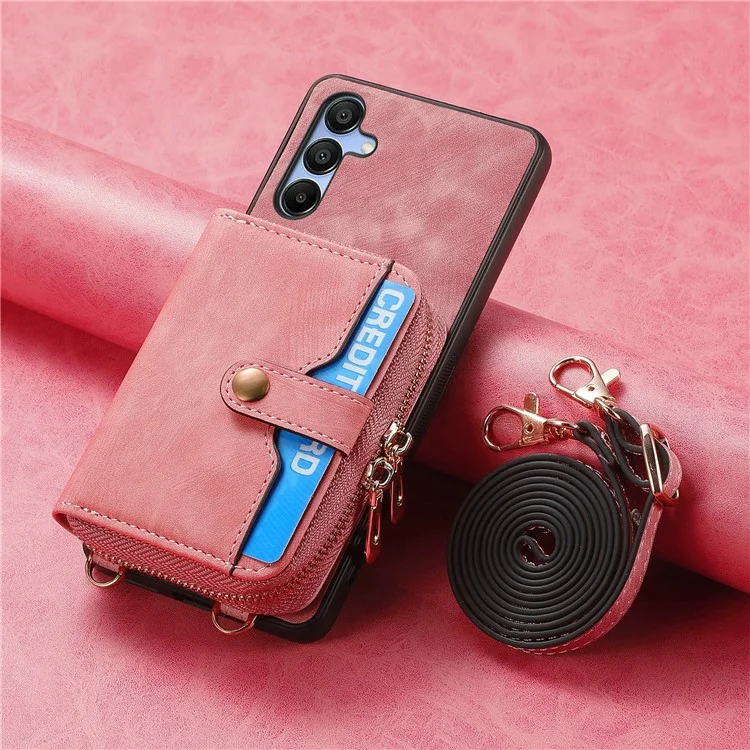 Étui portefeuille à fermeture éclair en cuir avec support et bandoulière pour Samsung Galaxy A16 5G / A16 4G - Rose