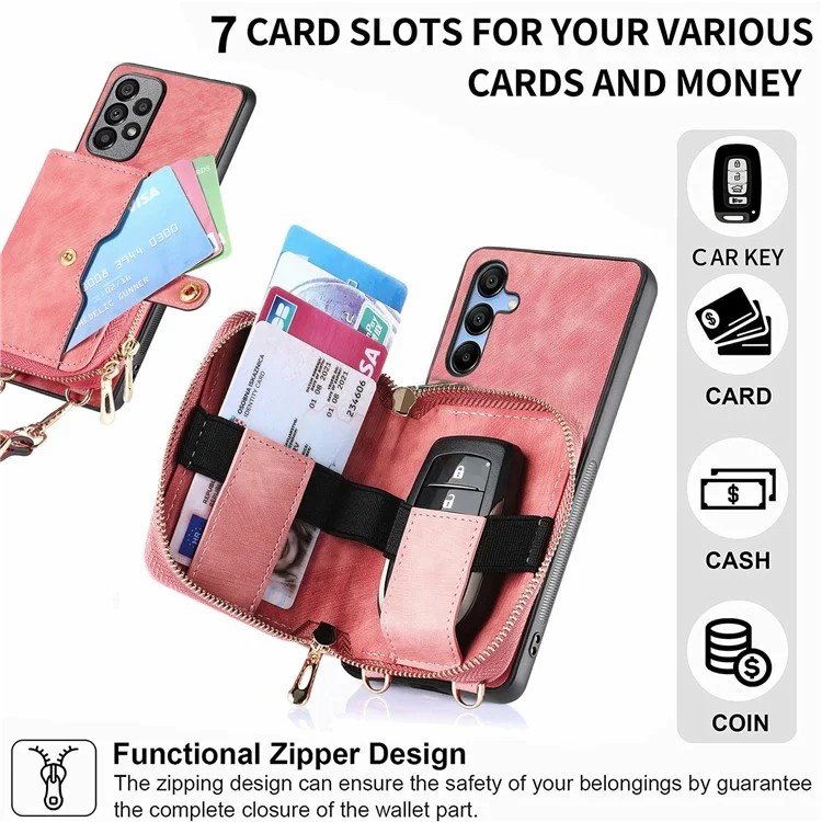 Étui portefeuille à fermeture éclair en cuir avec support et bandoulière pour Samsung Galaxy A16 5G / A16 4G - Rose