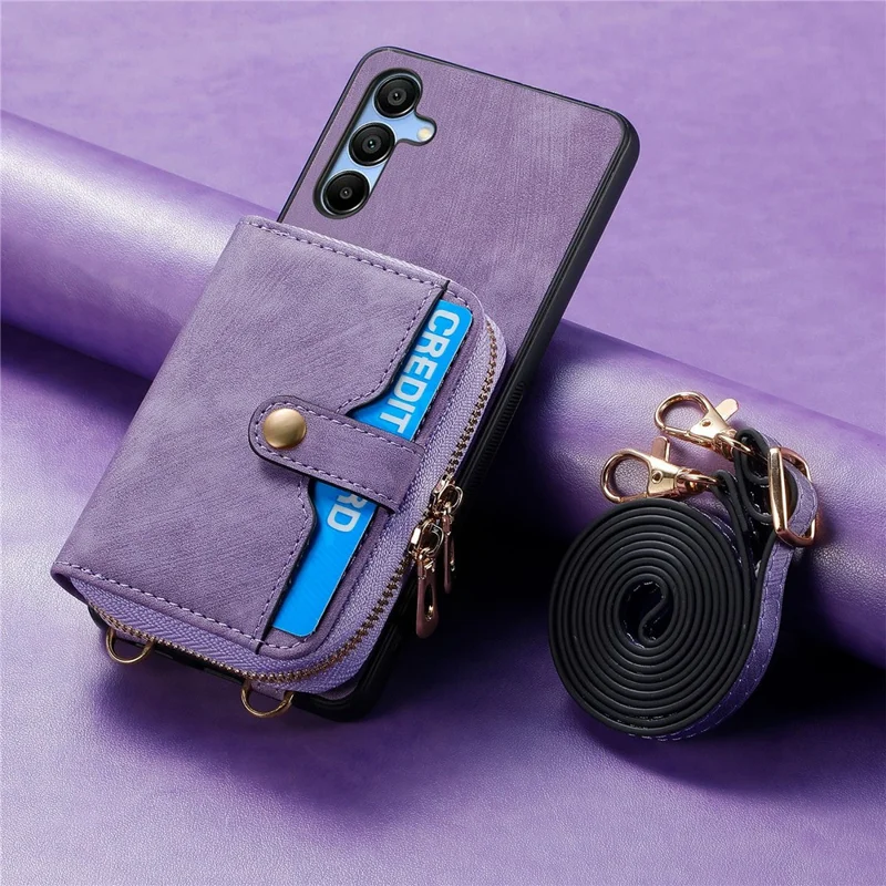 For Samsung Galaxy A16 5G  /  A16 4G Case Zipper Wallet Leather Phone Back Cover Kickstand with Shoulder Strap - Purple