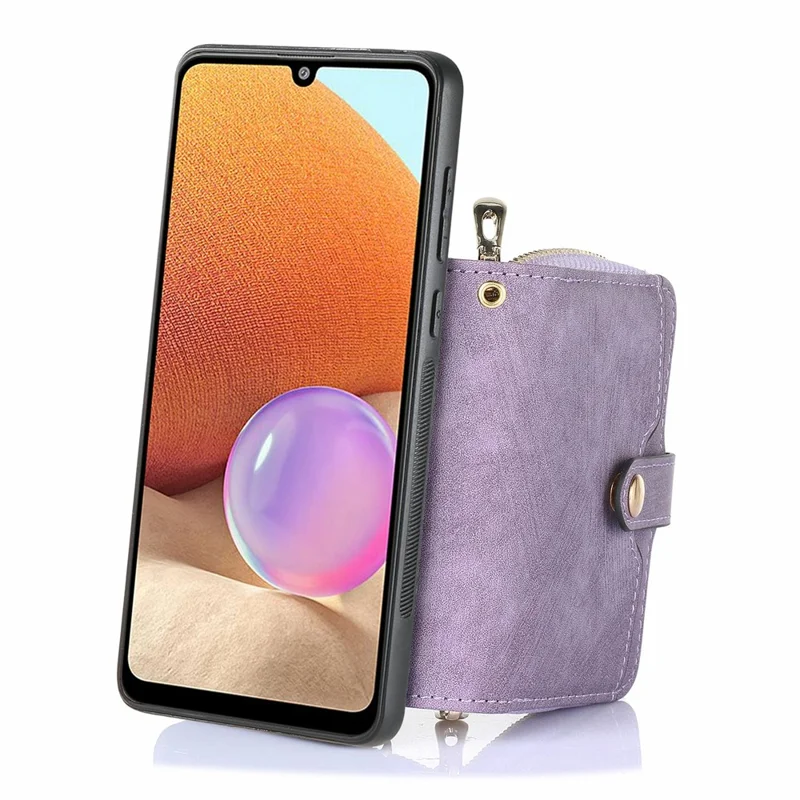 For Samsung Galaxy A16 5G  /  A16 4G Case Zipper Wallet Leather Phone Back Cover Kickstand with Shoulder Strap - Purple