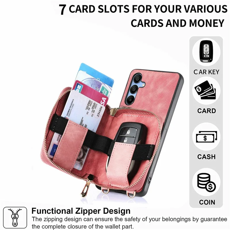 For Samsung Galaxy A16 5G  /  A16 4G Case Zipper Wallet Leather Phone Back Cover Kickstand with Shoulder Strap - Purple