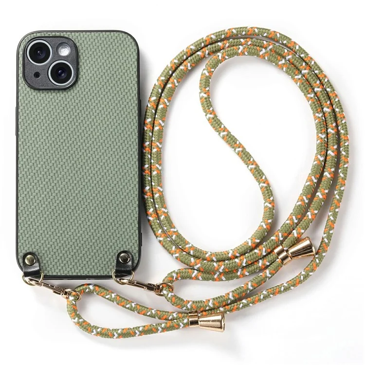 For iPhone 15 Case Carbon Fiber Texture Hybrid Phone Back Cover with Adjustable Strap - Green
