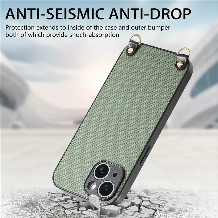For iPhone 15 Case Carbon Fiber Texture Hybrid Phone Back Cover with Adjustable Strap - Green