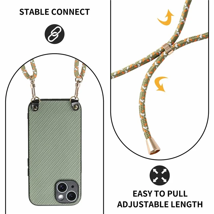 For iPhone 15 Case Carbon Fiber Texture Hybrid Phone Back Cover with Adjustable Strap - Green