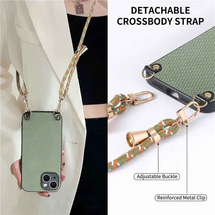 For iPhone 15 Case Carbon Fiber Texture Hybrid Phone Back Cover with Adjustable Strap - Green