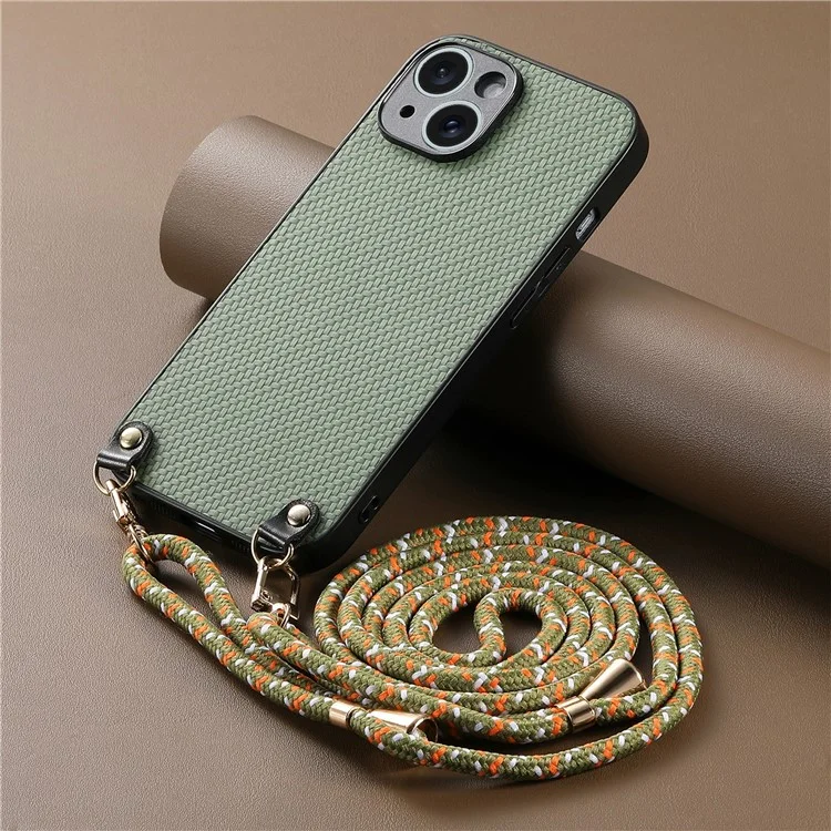 For iPhone 15 Case Carbon Fiber Texture Hybrid Phone Back Cover with Adjustable Strap - Green