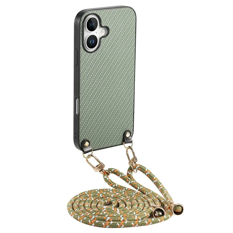 For iPhone 16 Case Carbon Fiber Texture Hybrid Phone Back Cover with Adjustable Strap - Green