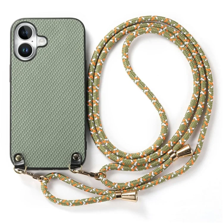 For iPhone 16 Case Carbon Fiber Texture Hybrid Phone Back Cover with Adjustable Strap - Green