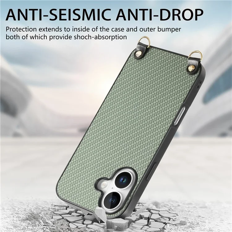 For iPhone 16 Case Carbon Fiber Texture Hybrid Phone Back Cover with Adjustable Strap - Green