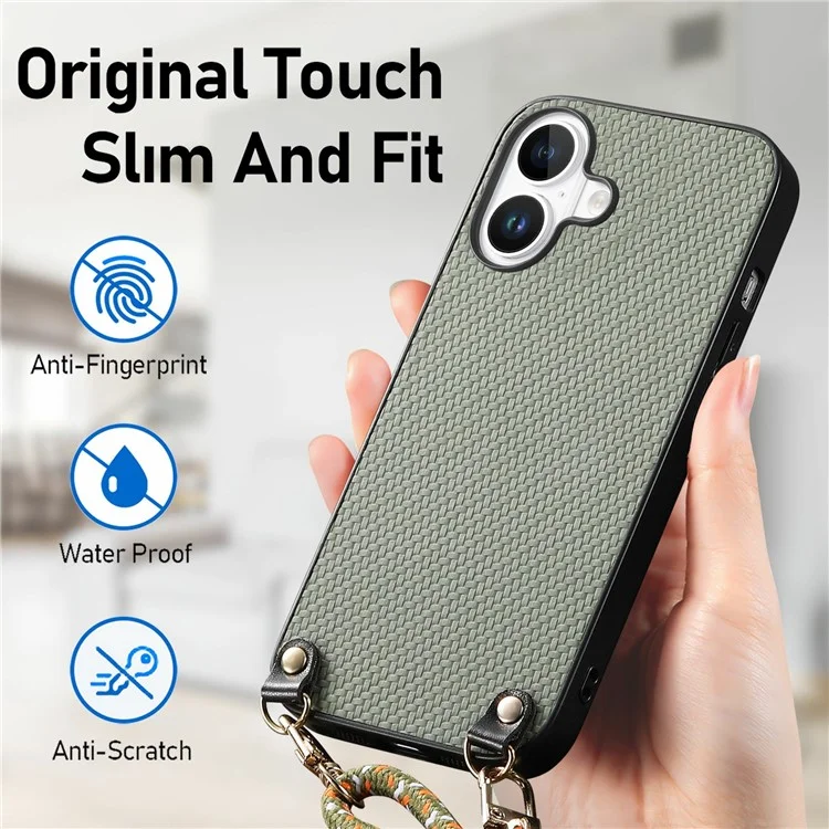 For iPhone 16 Case Carbon Fiber Texture Hybrid Phone Back Cover with Adjustable Strap - Green