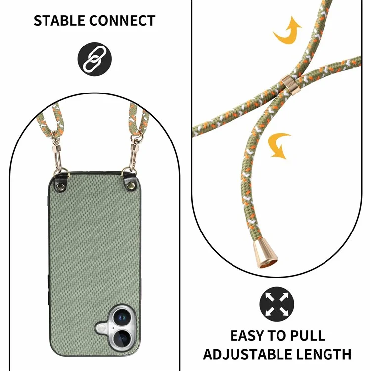 For iPhone 16 Case Carbon Fiber Texture Hybrid Phone Back Cover with Adjustable Strap - Green