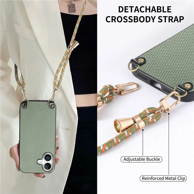 For iPhone 16 Case Carbon Fiber Texture Hybrid Phone Back Cover with Adjustable Strap - Green