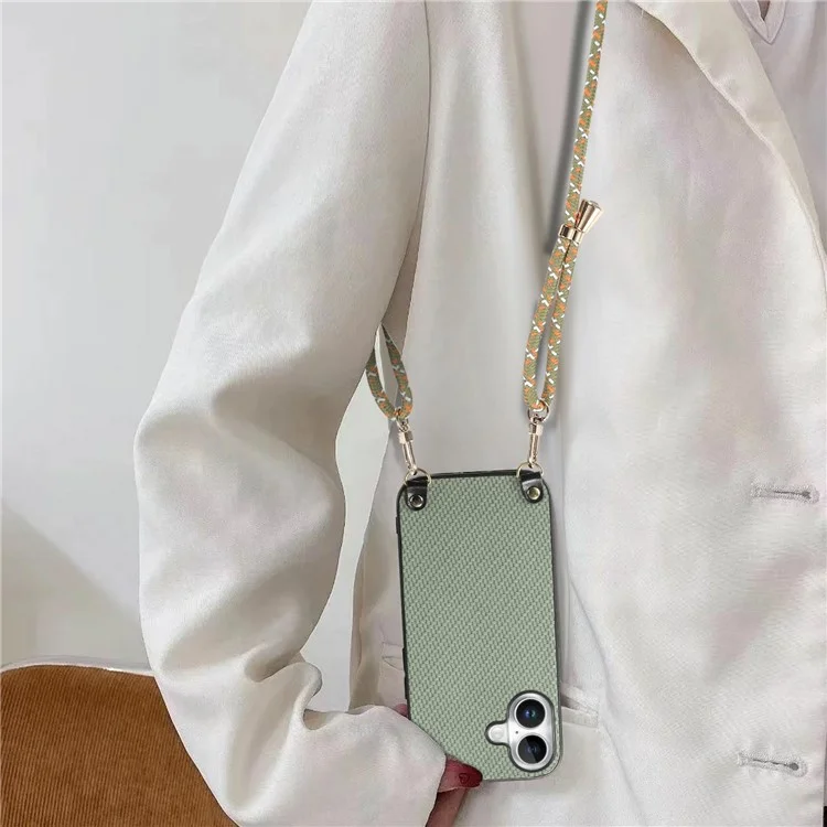 For iPhone 16 Case Carbon Fiber Texture Hybrid Phone Back Cover with Adjustable Strap - Green