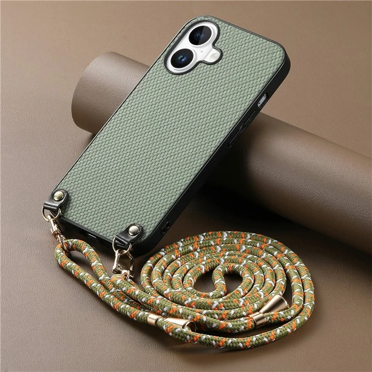 For iPhone 16 Case Carbon Fiber Texture Hybrid Phone Back Cover with Adjustable Strap - Green