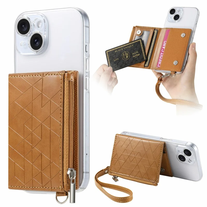 KB-66 Universal Adhesive Leather Phone Card Bag Zipper Wallet Card Holder Kickstand with Strap - Brown