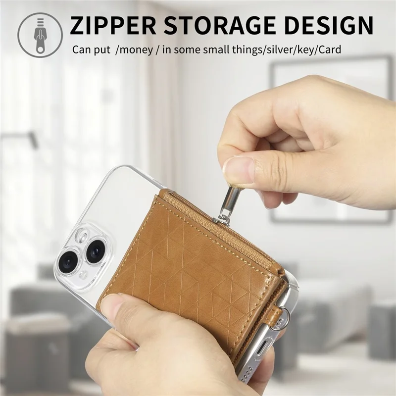 KB-66 Universal Adhesive Leather Phone Card Bag Zipper Wallet Card Holder Kickstand with Strap - Brown