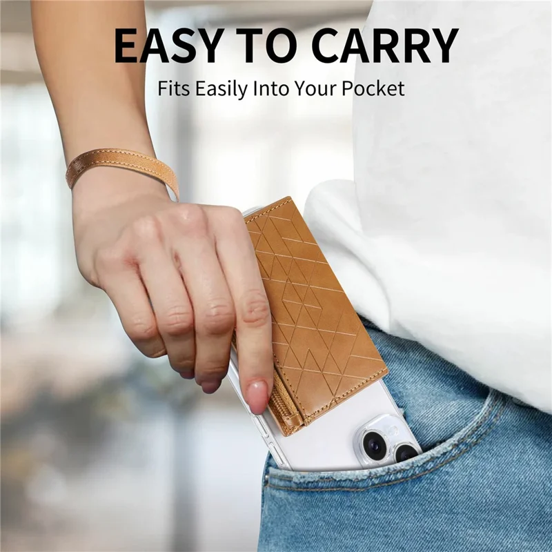 KB-66 Universal Adhesive Leather Phone Card Bag Zipper Wallet Card Holder Kickstand with Strap - Brown