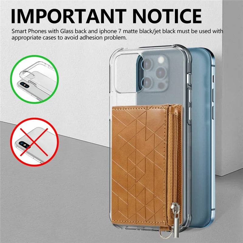 KB-66 Universal Adhesive Leather Phone Card Bag Zipper Wallet Card Holder Kickstand with Strap - Brown