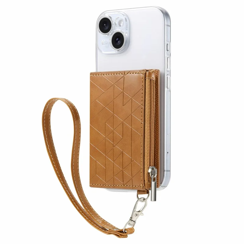 KB-66 Universal Adhesive Leather Phone Card Bag Zipper Wallet Card Holder Kickstand with Strap - Brown