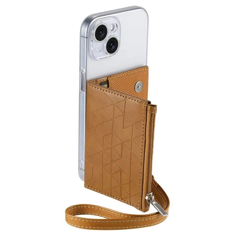 KB-66 Universal Adhesive Leather Phone Card Bag Zipper Wallet Card Holder Kickstand with Strap - Brown