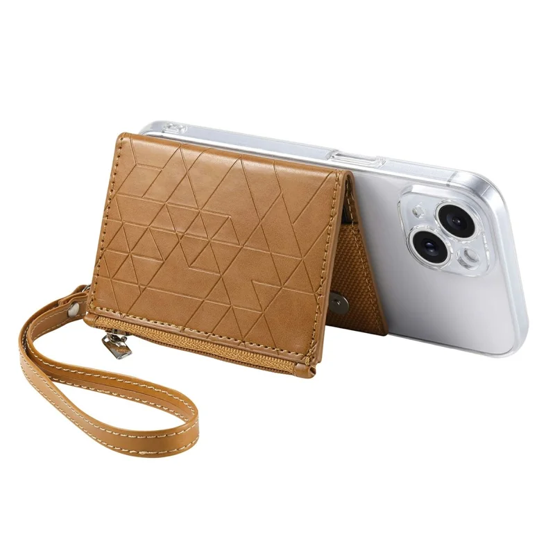 KB-66 Universal Adhesive Leather Phone Card Bag Zipper Wallet Card Holder Kickstand with Strap - Brown