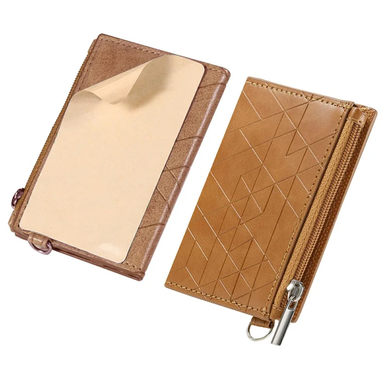KB-66 Universal Adhesive Leather Phone Card Bag Zipper Wallet Card Holder Kickstand with Strap - Brown