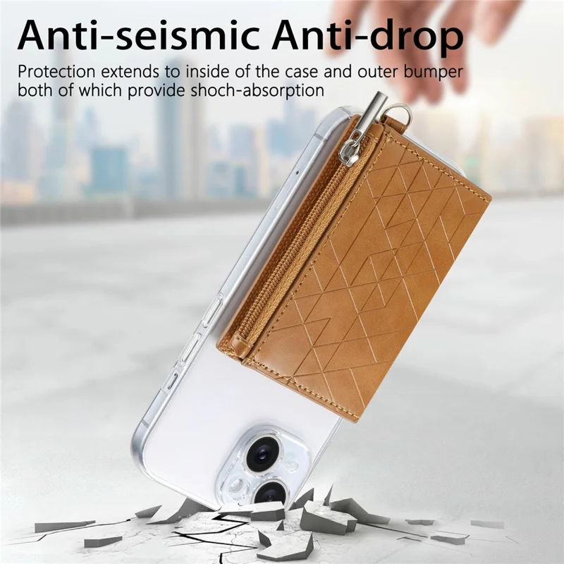 KB-66 Universal Adhesive Leather Phone Card Bag Zipper Wallet Card Holder Kickstand with Strap - Brown