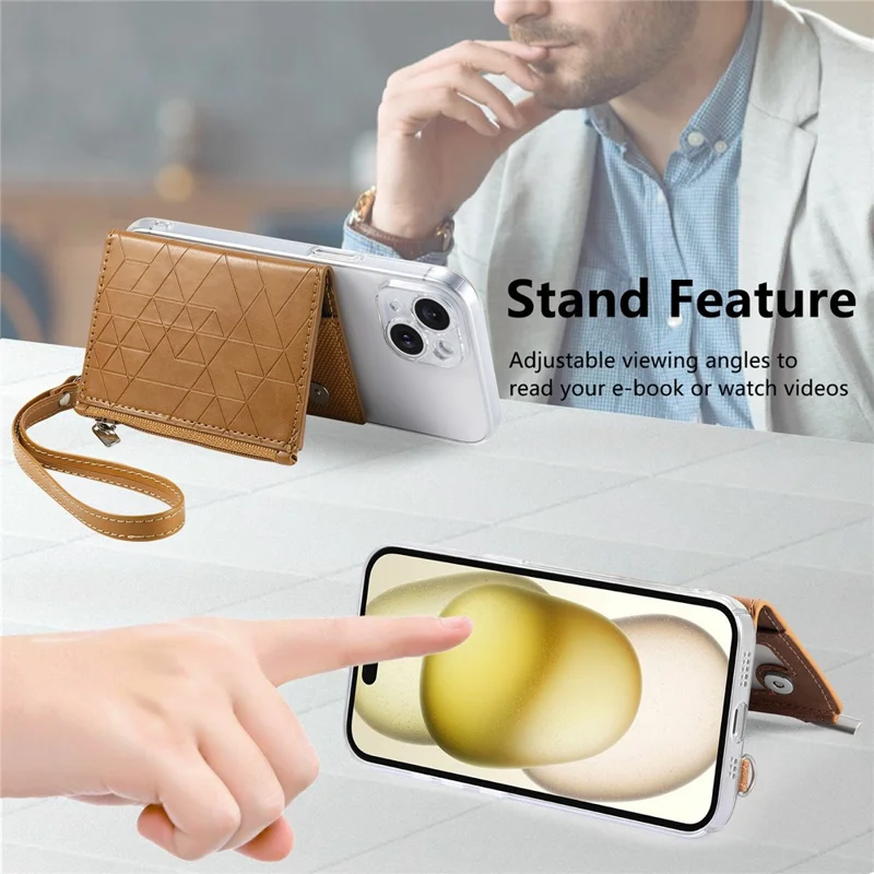 KB-66 Universal Adhesive Leather Phone Card Bag Zipper Wallet Card Holder Kickstand with Strap - Brown