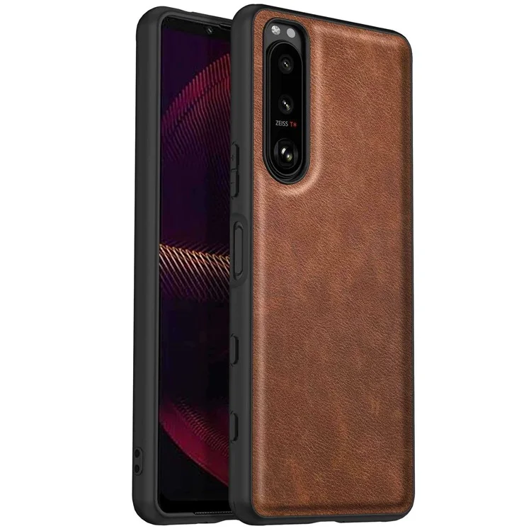 Para Sony Xperia 5 III 5G Anti-scratch Phone Case, Anti-fingerprint Retro PU Leather Coated TPU+PC Phone Cover - Marrom