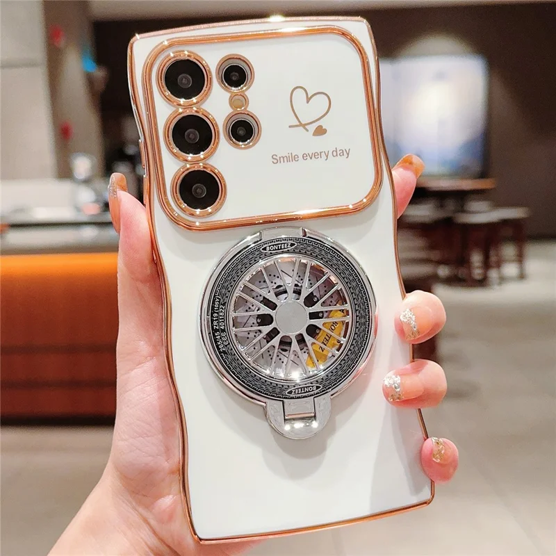 For Samsung Galaxy S24 Ultra Case Electroplating Gyro Design Kickstand Soft TPU Phone Cover - Ivory White
