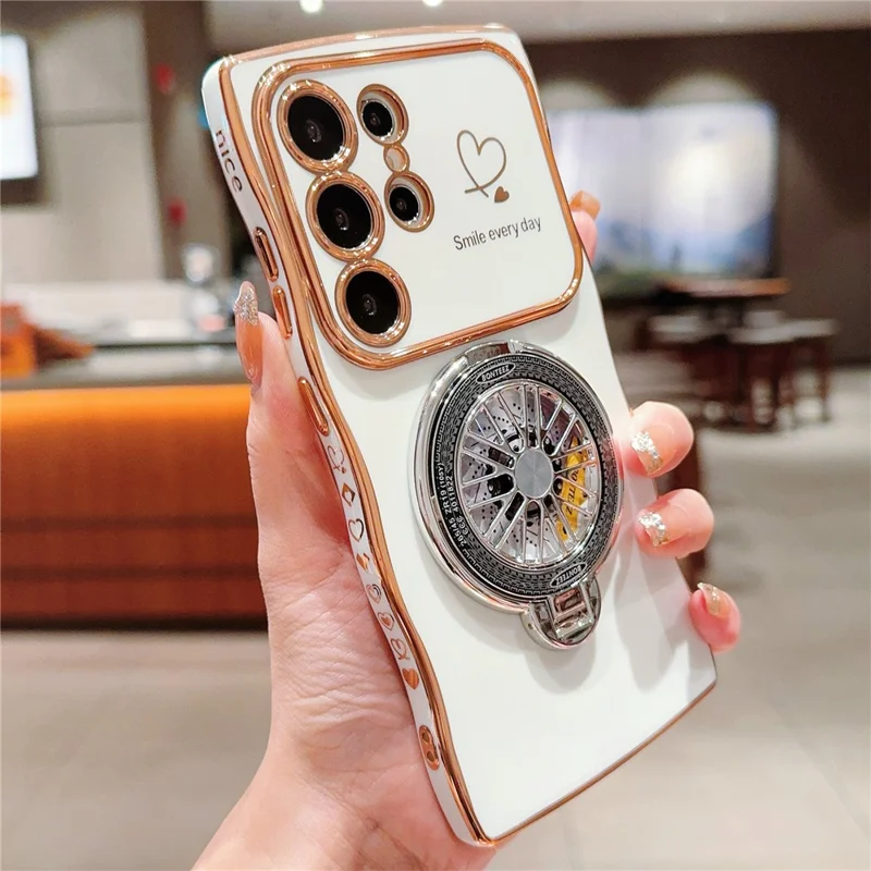 For Samsung Galaxy S24 Ultra Case Electroplating Gyro Design Kickstand Soft TPU Phone Cover - Ivory White