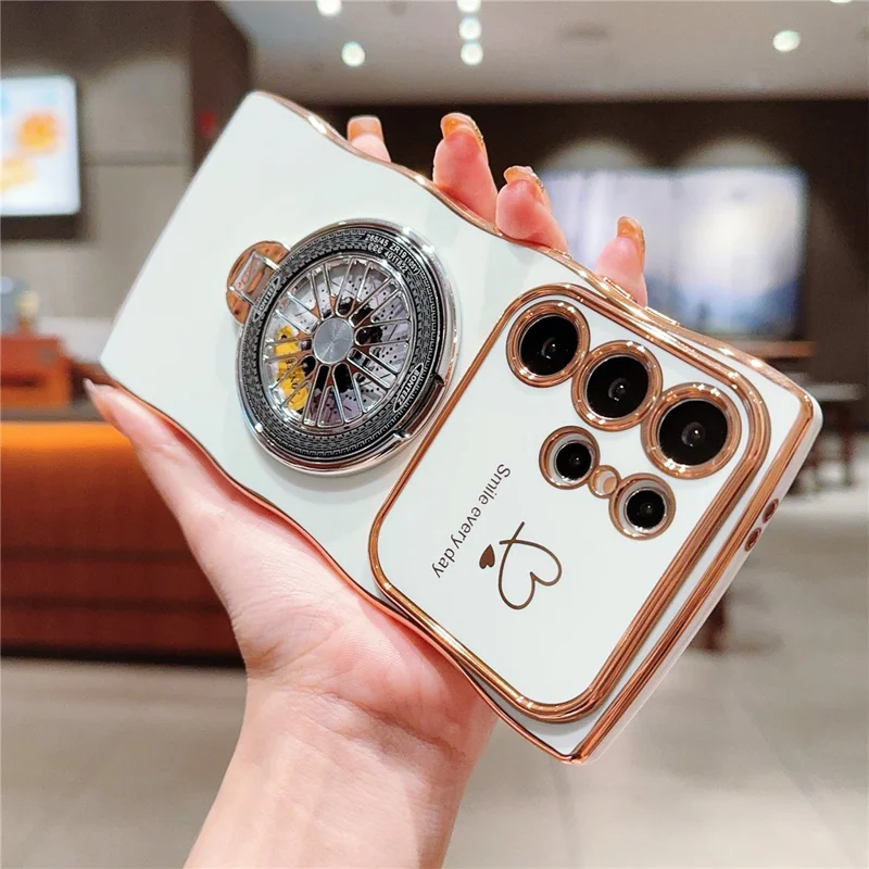 For Samsung Galaxy S24 Ultra Case Electroplating Gyro Design Kickstand Soft TPU Phone Cover - Ivory White