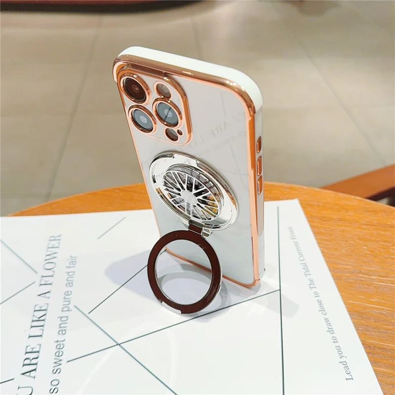 For iPhone 16 Pro Max Case Electroplating Gyro Design Kickstand Soft TPU Phone Cover - Ivory White