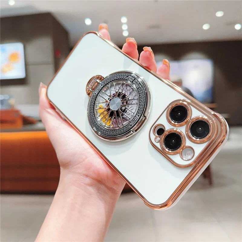 For iPhone 16 Pro Max Case Electroplating Gyro Design Kickstand Soft TPU Phone Cover - Ivory White