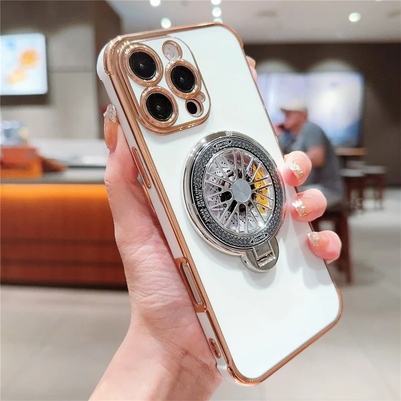 For iPhone 16 Pro Max Case Electroplating Gyro Design Kickstand Soft TPU Phone Cover - Ivory White