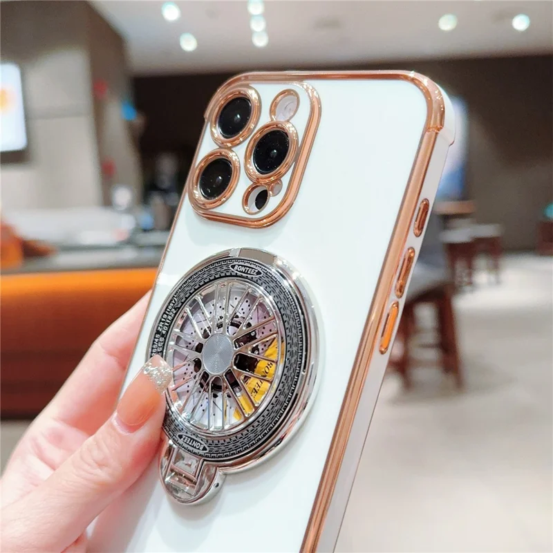 For iPhone 16 Pro Max Case Electroplating Gyro Design Kickstand Soft TPU Phone Cover - Ivory White