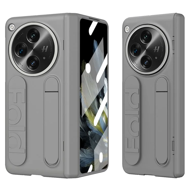 Für OnePlus Open Case Kickstand Armband PC Handyhülle mit gehärtetem Glasfilm - Grau