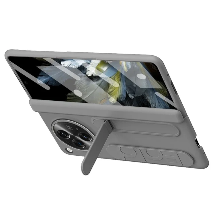 Für OnePlus Open Case Kickstand Armband PC Handyhülle mit gehärtetem Glasfilm - Grau
