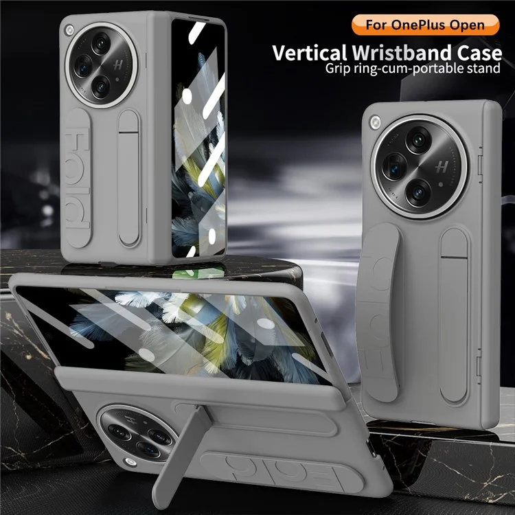 Für OnePlus Open Case Kickstand Armband PC Handyhülle mit gehärtetem Glasfilm - Grau