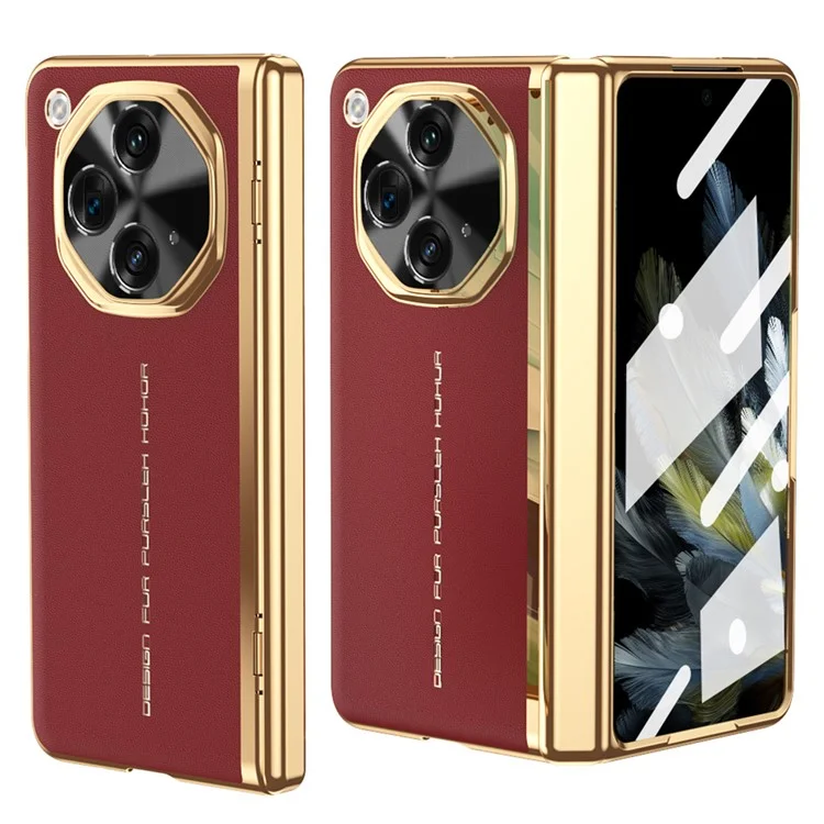 Carcasa abierta para OnePlus de piel de imitación + PC con recubrimiento electrolítico y película protectora de cristal templado - Rojo