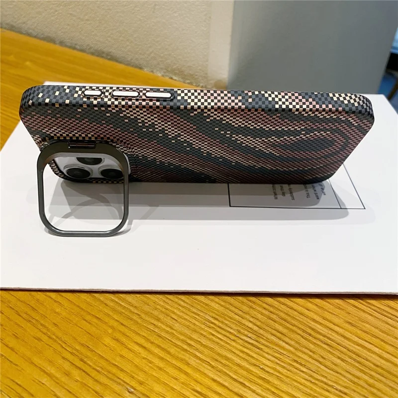 For iPhone 16 Pro Max Case Compatible with MagSafe Flame Pattern Hard PC Phone Cover with Lens Frame Kickstand - Desert Gold