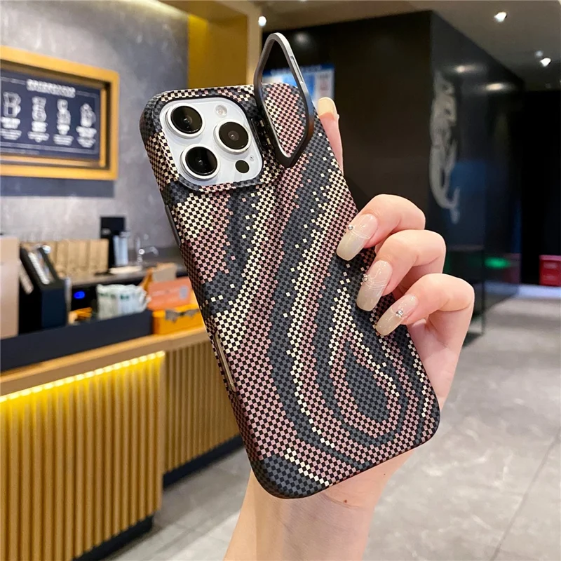 For iPhone 16 Pro Max Case Compatible with MagSafe Flame Pattern Hard PC Phone Cover with Lens Frame Kickstand - Desert Gold